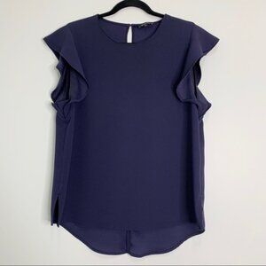 Aritzia Babaton Chaplin Flutter Sleeve Blouse Navy
